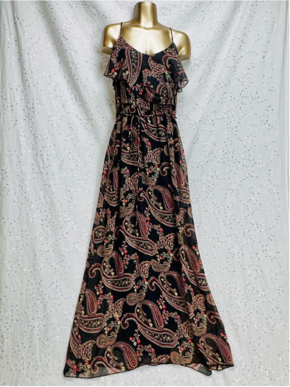 Behave Paisley Maxi Dress Size Medium Black Boho Ruffle Overlay Sleeveless USA